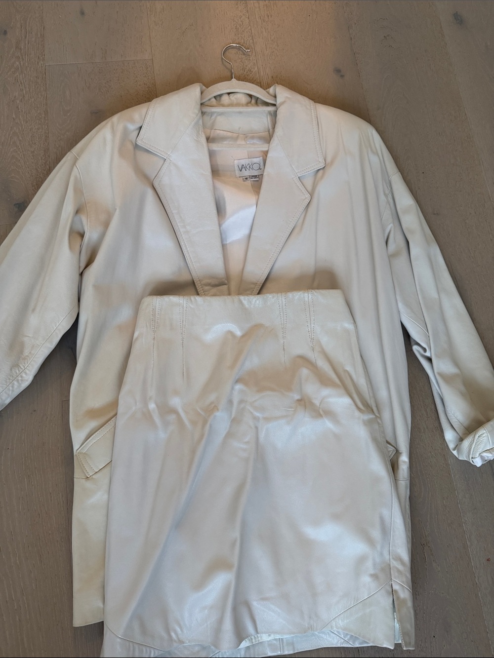 Vakko Cream Leather Oversized Blazer and skirt set